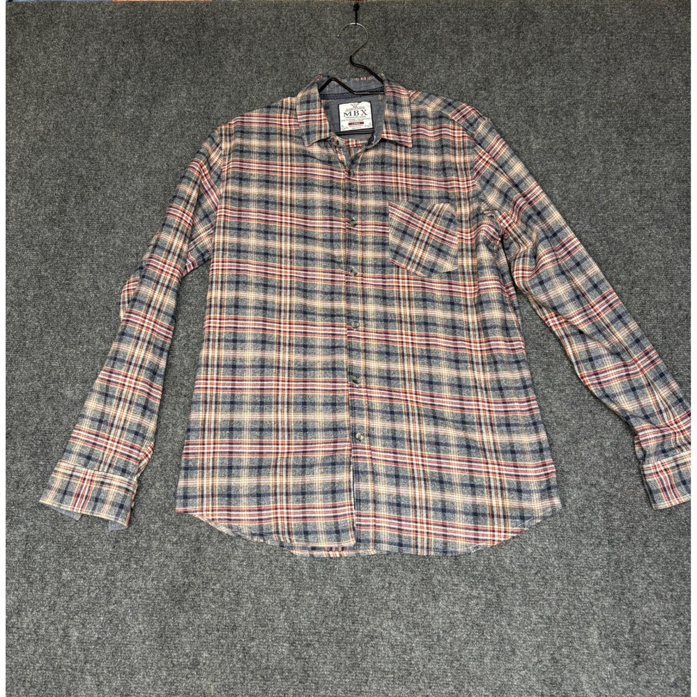 MBX Flannel Shirt Mens Large Blue Red Plaid Long Sleeve Button Down Pocket